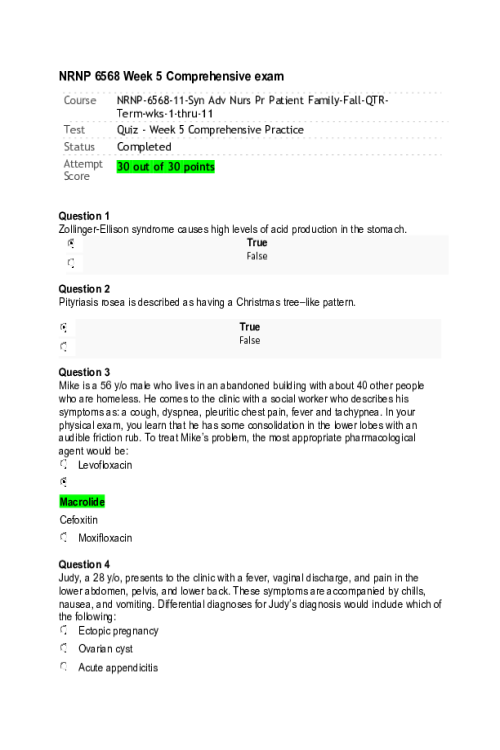 NRNP 6568-11 Week 5 Quiz - Comprehensive Practice - 30 out of 30 points