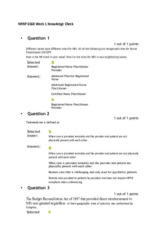 NRNP 6568 Week 1 Knowledge Check - Professional Issues - 10 out of 10 Points..