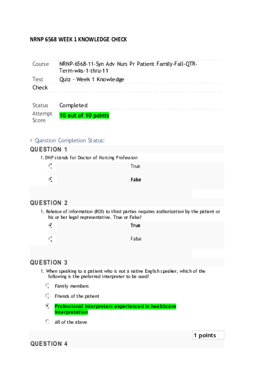 NRNP 6568 Week 1 Quiz - Knowledge Check - 10 out of 10 Points