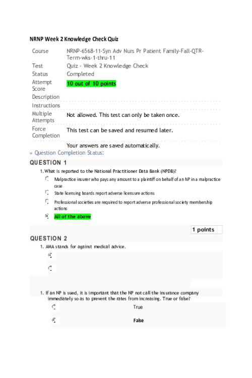 NRNP 6568 Week 2 Quiz - Knowledge Check - 10 out of 10 Points