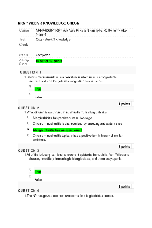 NRNP 6568 Week 3 Quiz - Knowledge Check (10 out of 10 points)