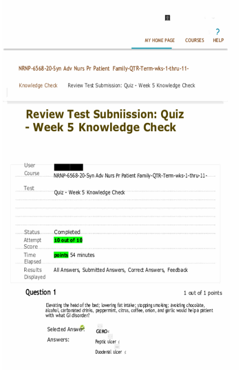 NRNP 6568 Week 5 Knowledge Check - Gastrointestinal and Renal Conditions - 10 out of 10 Points