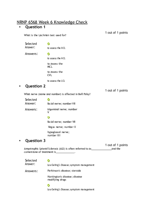 NRNP 6568 Week 6 Knowledge Check - Musculoskeletal and Neurological Conditions - 10 out of 10 Points..