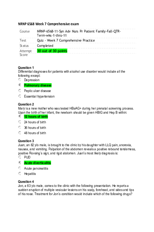 NRNP 6568 Week 7 Quiz - Comprehensive Practice - 30 out of 30 points