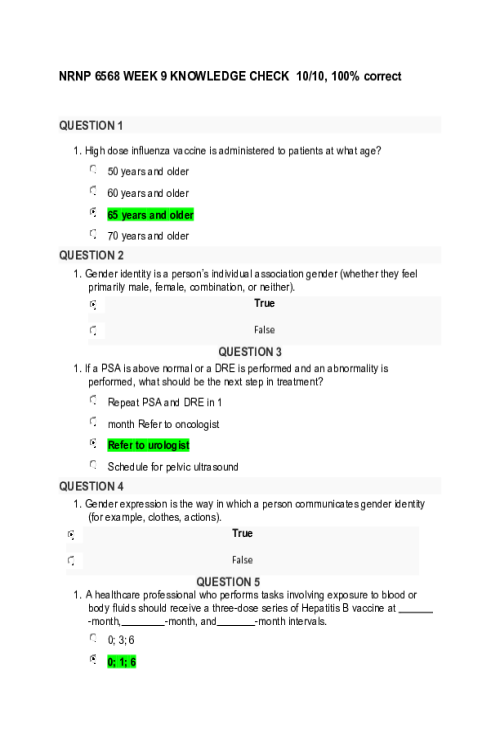 NRNP 6568 Week 9 Quiz - Knowledge Check - 10 out of 10 Points