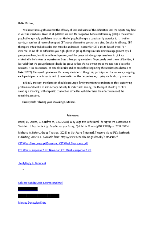 NRNP 6645 Week 5 Discussion; Cognitive Behavioral Therapy; Comparing Group, Family, and Individual Settings -Original Post, Responses