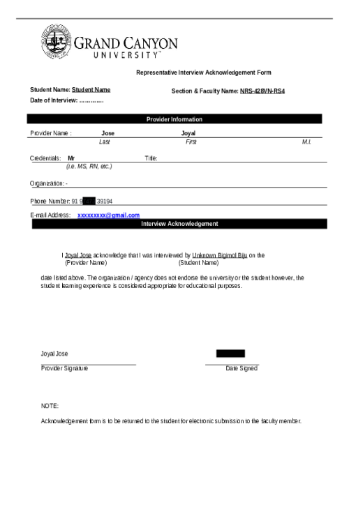 NRS 428VN Topic 4 Assignment; Representative Interview Acknowledgement Form