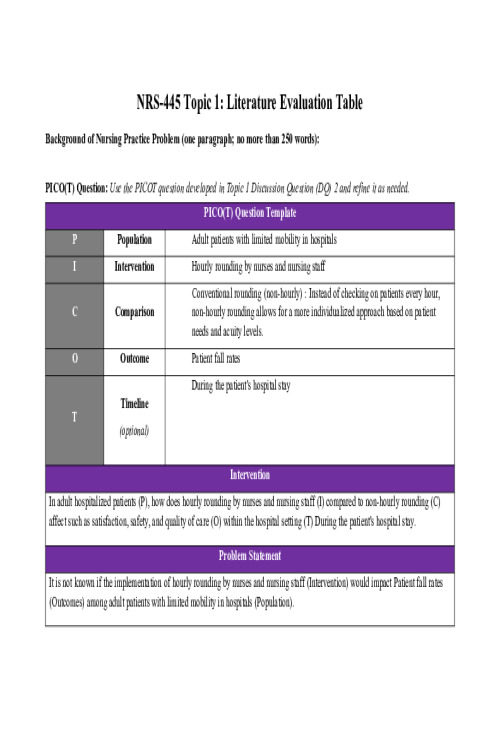 NRS 445 Topic 1 Assignment; Literature Evaluation Table