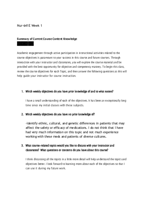 NUR 641E Week 1 Summary of Current Course Content Knowledge