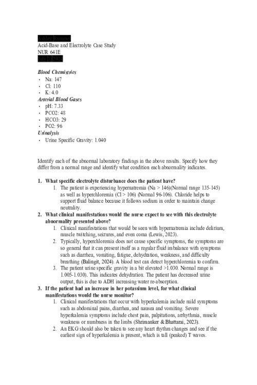 NUR 641E Week 3 Assignment; Acid-Base and Electrolyte Case Study.