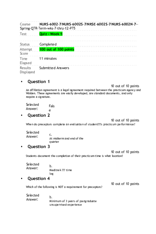 NURS 6002-7, NURS-6002S-7, NRSE-6002S-7, NURS-6002N-7, Week 5 Quiz - 100 out of 100 points