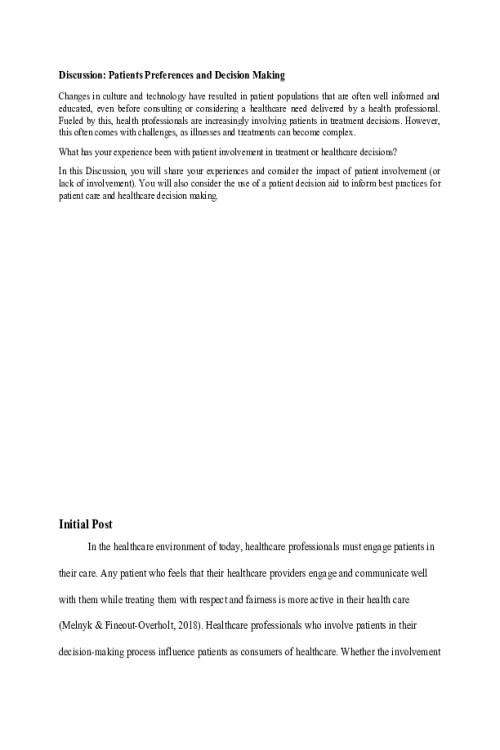 NURS 6052 Module 5 (Weeks 8-9) Discussion; Patient Preferences and Decision Making