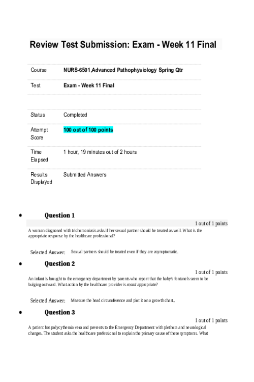 NURS 6501 Week 11 Final Exam; 100 out of 100 Points