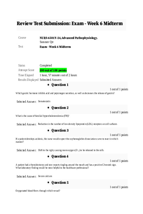 NURS 6501N-24, Advanced Pathophysiology; Week 6 Midterm Exam