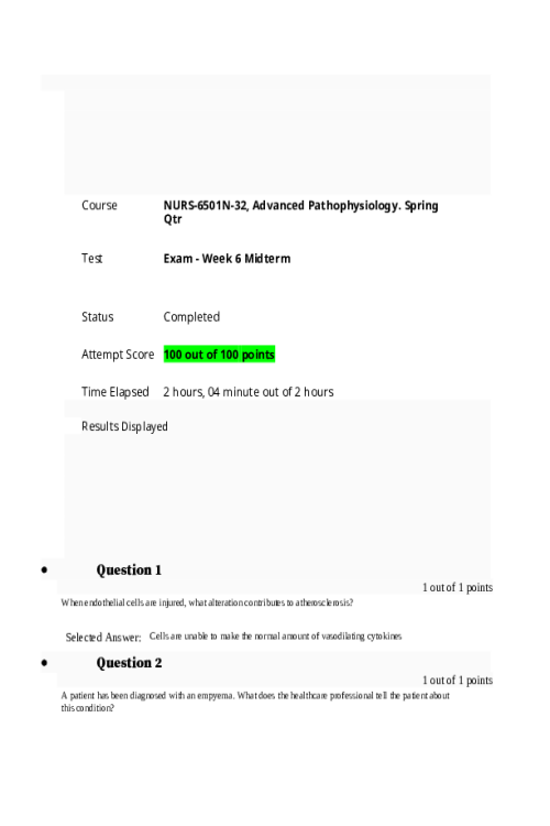 NURS 6501N-32, Advanced Pathophysiology; Exam - Week 6 Midterm - All Correct