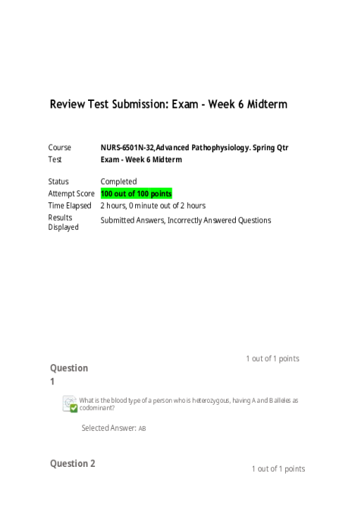 NURS 6501N-32, Advanced Pathophysiology; Week 6 Midterm Exam - All Correct