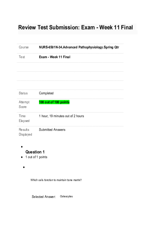 NURS 6501N-34, Advanced Pathophysiology; Week 11 Final Exam