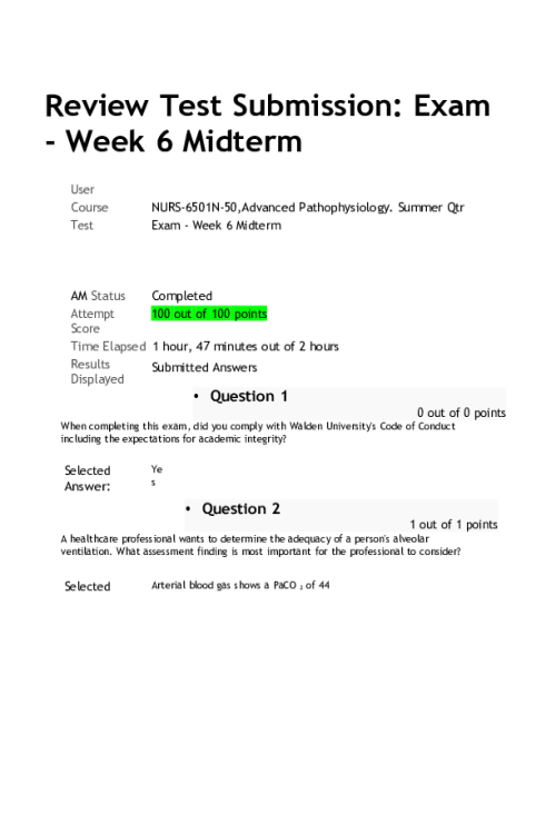 NURS 6501N-50, Advanced Pathophysiology, Week 6 Midterm Exam - Score; 100 out of 100 Points