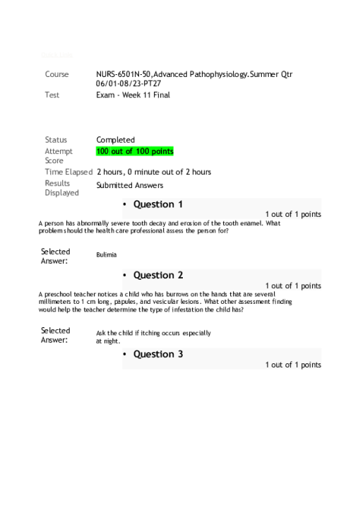 NURS 6501N-50 Week 11 Final Exam - 100 out of 100 points
