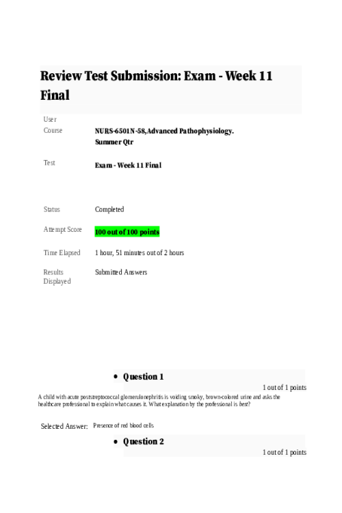NURS 6501N-58, Advanced Pathophysiology; Exam - Week 11 Final - All Correct
