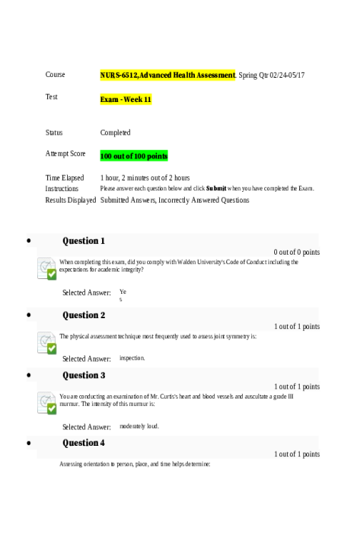 NURS 6512, Advanced Health Assessment; Exam - Week 11 Final