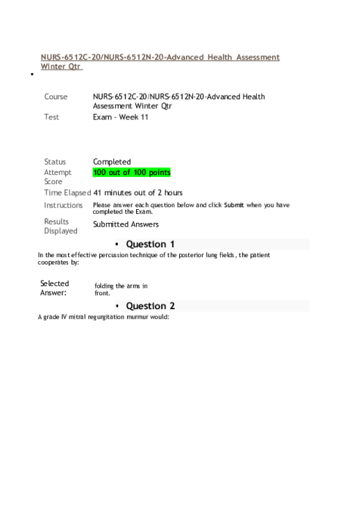 NURS 6512C-20, NURS-6512N-20 Week 11 Final Exam - 100 out of 100 Points