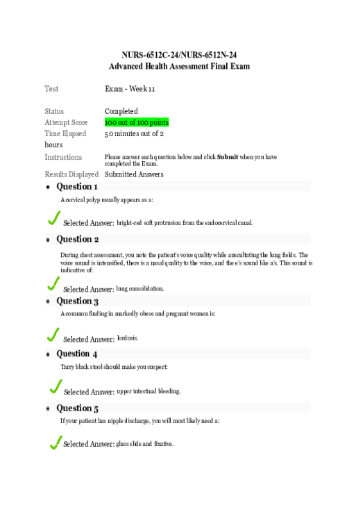 NURS 6512C-24 Week 11 Final Exam - Attempt Score; 100 out of 100 Points