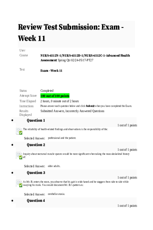 NURS-6512N-1, NURS-6512D-1, NURS-6512C-1-Advanced Health Assessment; Exam - Week 11 Final