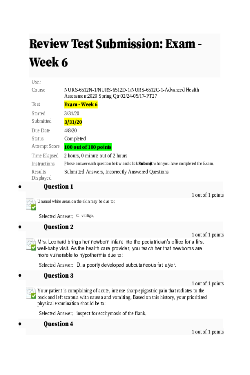 NURS 6512N-1, NURS-6512D-1, NURS-6512C-1-Advanced Health Assessment; Exam - Week 6 Midterm