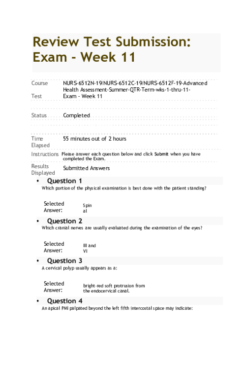 NURS 6512N-19, NURS-6512C-19, NURS-6512F-19, Advanced Health Assessment; Exam - Week 11 Final