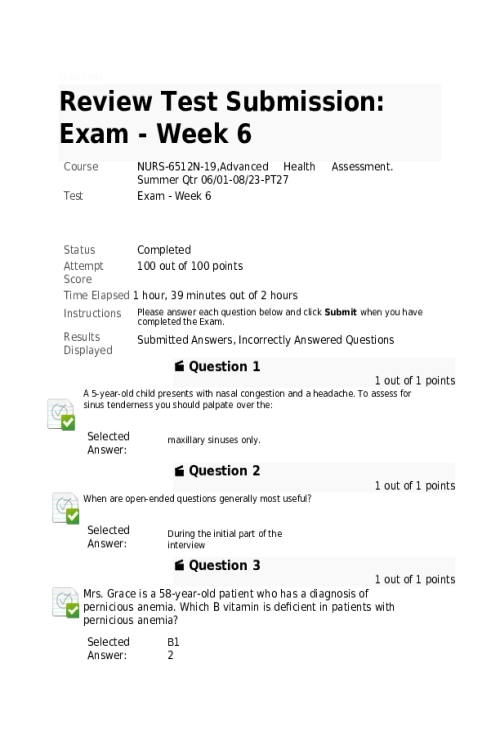 NURS 6512N-19 Week 6 Midterm Exam - 100 out of 100 points