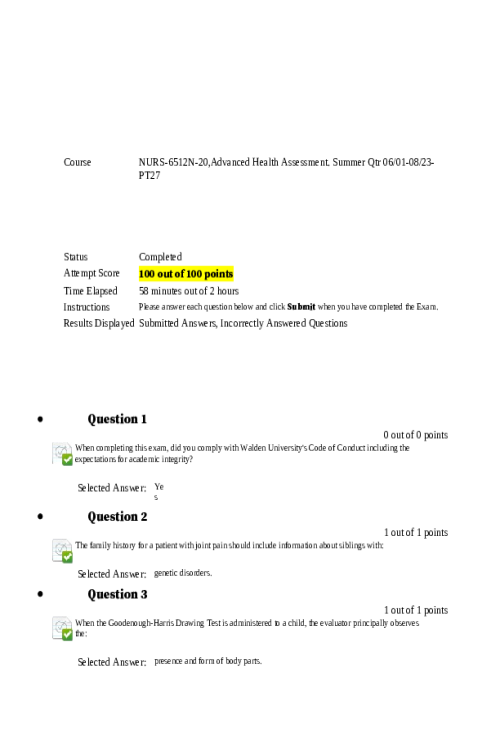 NURS 6512N-20, Advanced Health Assessment; Exam - Week 11 Final
