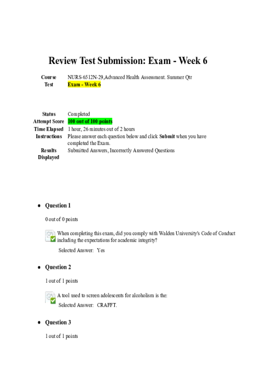NURS 6512N-29, Advanced Health Assessment; Exam - Week 6 Midterm - All Correct