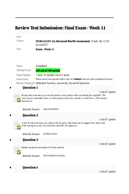 NURS 6512N-34, Advanced Health Assessment; Exam - Week 11 Final