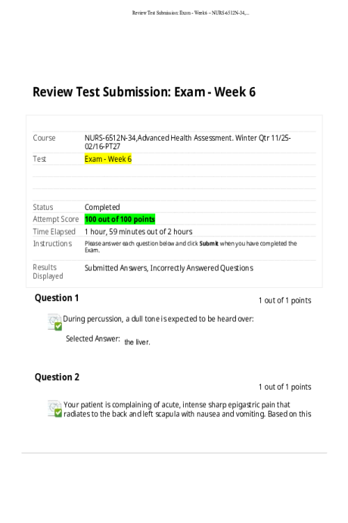 NURS 6512N-34, Advanced Health Assessment; Exam - Week 6 Midterm - 100 out of 100 points