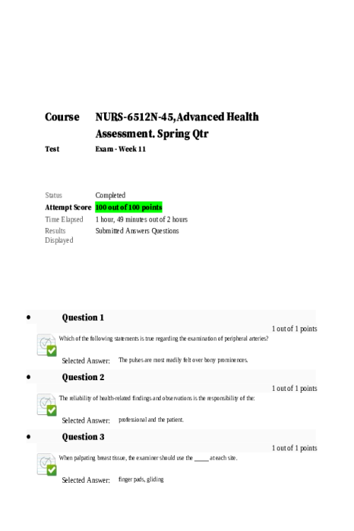 NURS 6512N-45 Advanced Health Assessment and Diagnostic Reasoning; Exam - Week 11 Final