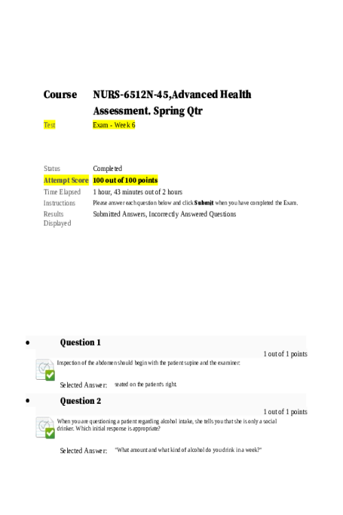 NURS 6512N-45 Advanced Health Assessment and Diagnostic Reasoning; Exam - Week 6 Midterm