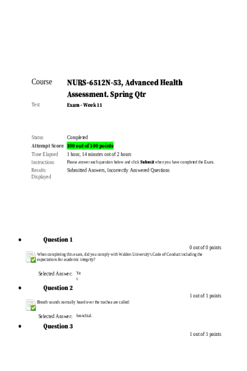 NURS 6512N-53 Advanced Health Assessment and Diagnostic Reasoning; Exam - Week 11 Final
