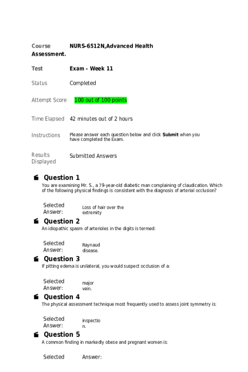 NURS 6512N Week 11 Final Exam - Attempt Score; 100 out of 100 Points