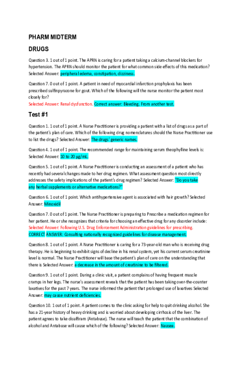 NURS 6521 Week 7 Midterm Exam - Drugs