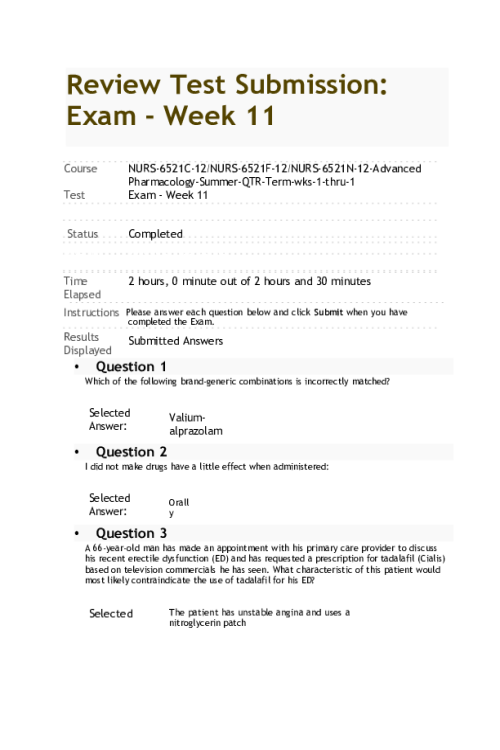 NURS 6521C-12, NURS-6521F-12, NURS-6521N-12, Advanced Pharmacology; Exam - Week 11 Final