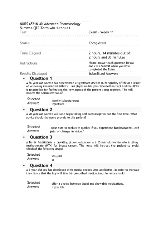 NURS 6521N-40, Advanced Pharmacology; Week 11 Final Exam