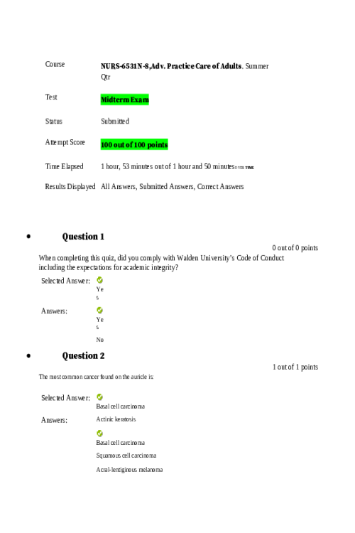 NURS 6531 Week 6 Midterm Exam - All Correct.