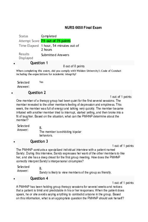 NURS 6650 Week 11 Final Exam - 75 out of 75 Points