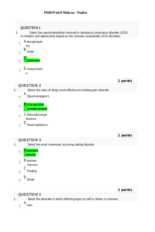 PMHNP 6635 Week 6 Midterm - All Correct