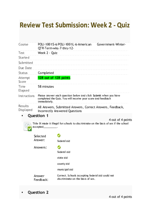 POLI 1001 Week 2 Quiz - 128 out of 128 Points