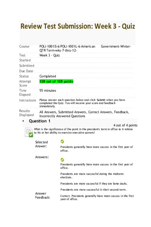 POLI 1001 Week 3 Quiz - 128 out of 128 Points