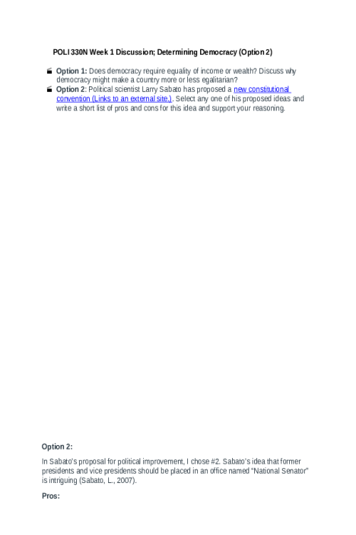 POLI 330N Week 1 Discussion; Determining Democracy..