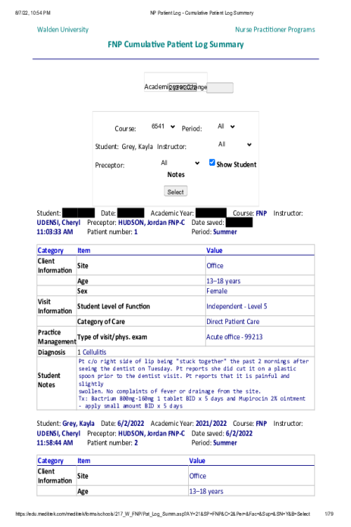 PRAC 6541 FNP Cumulative Patient Log Summary