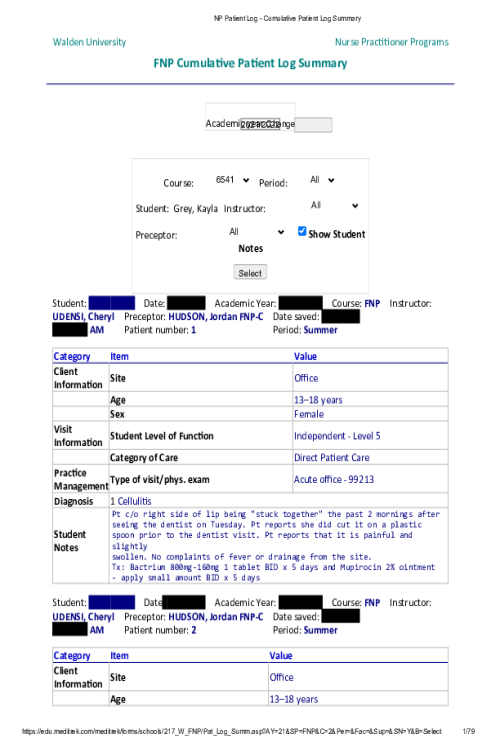 PRAC 6541 NP Patient Log - Cumulative Patient Log Summary